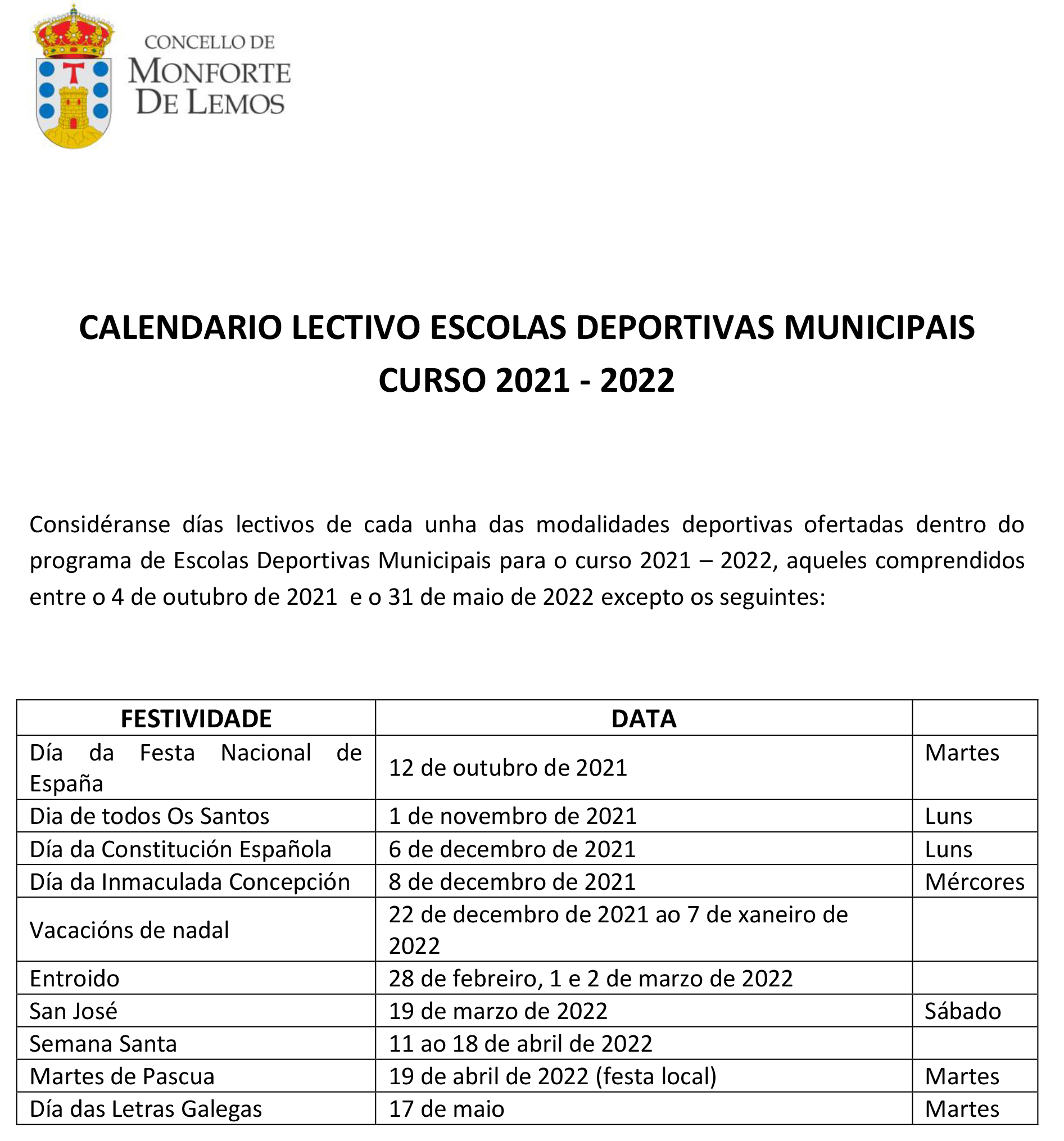 calendario lectivo escolas deportivas 2021-2022