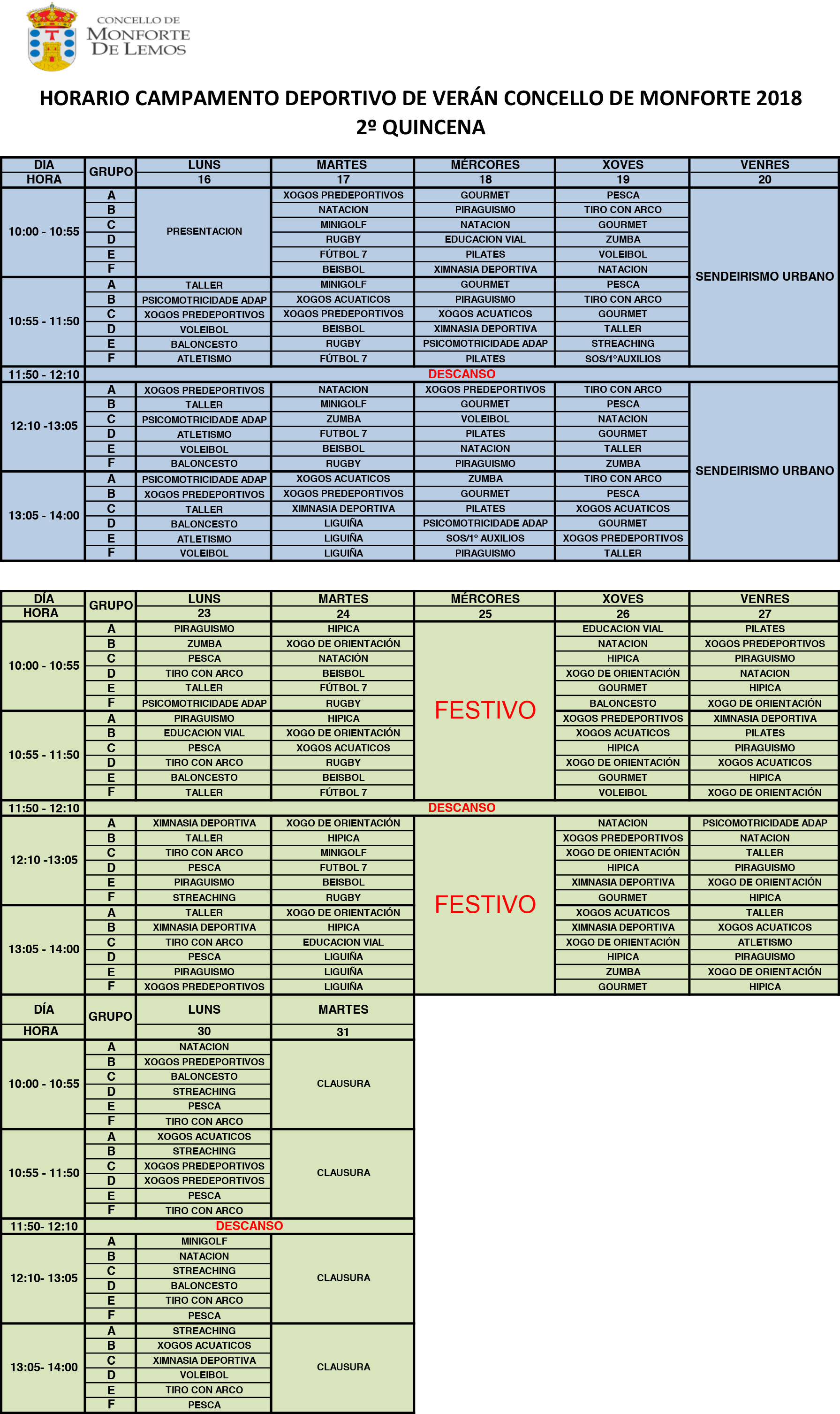 Horarios campamentos verano 2ª quincena